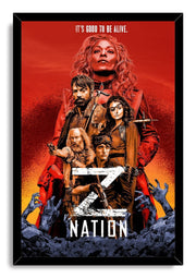 Z Nation framed wall art print with illustrated characters against a red sky, distressed white Z lettering, and dark blue hands.