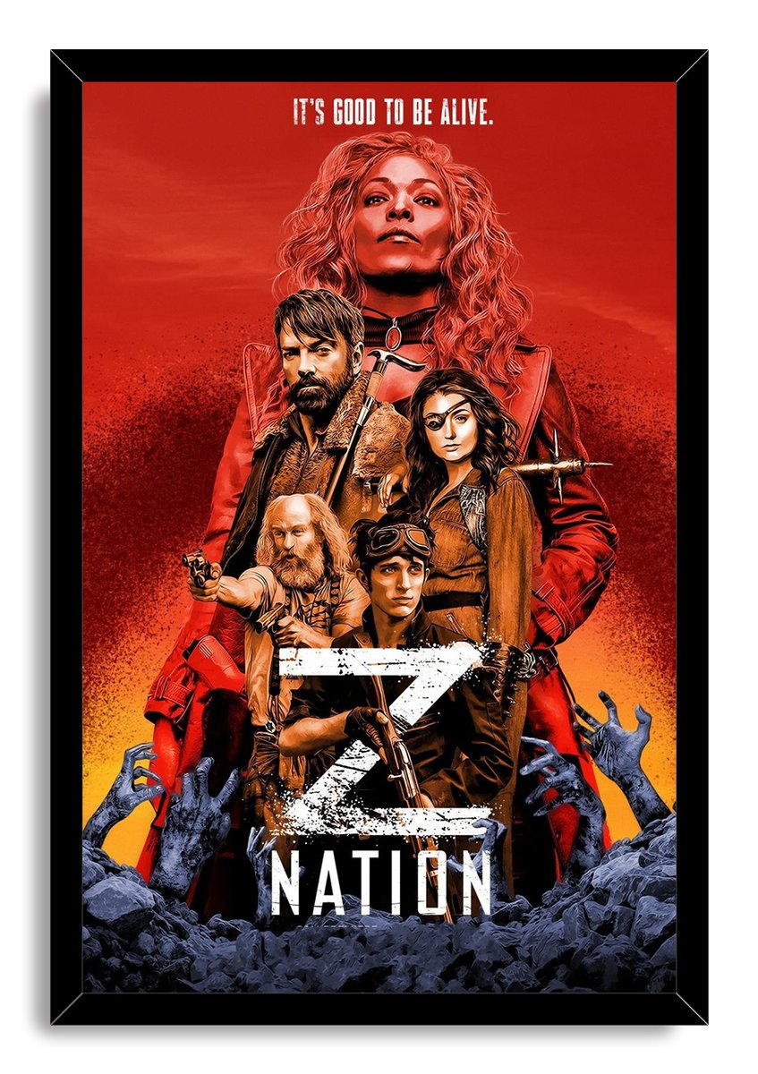 Z Nation framed wall art print with illustrated characters against a red sky, distressed white Z lettering, and dark blue hands.