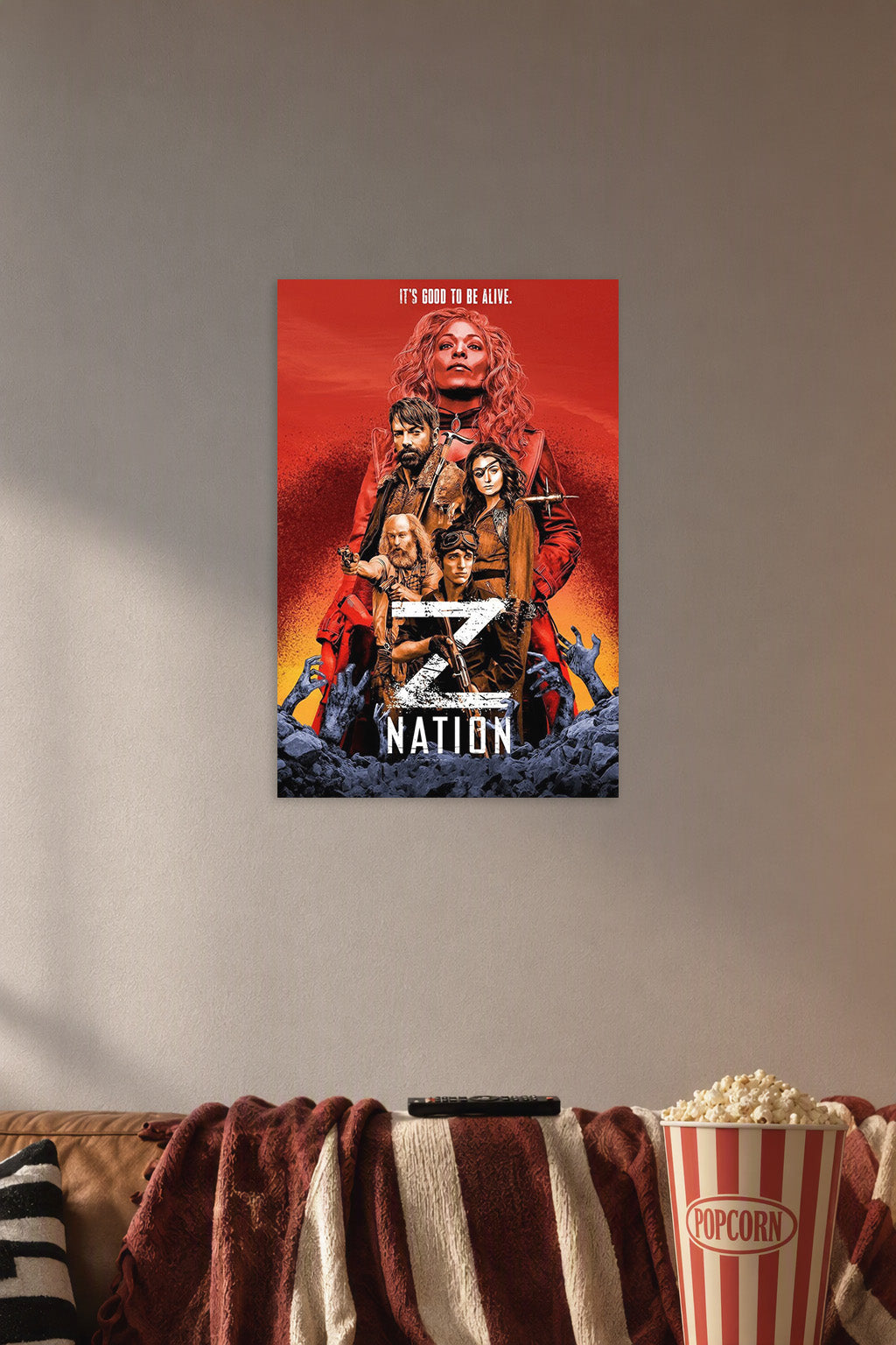 Poster Art B07NZL1JBC in a cozy movie room above a brown sofa with popcorn.