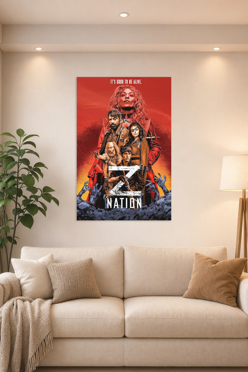 Poster Art B07NZL1JBC in a bright living room above a beige sofa.