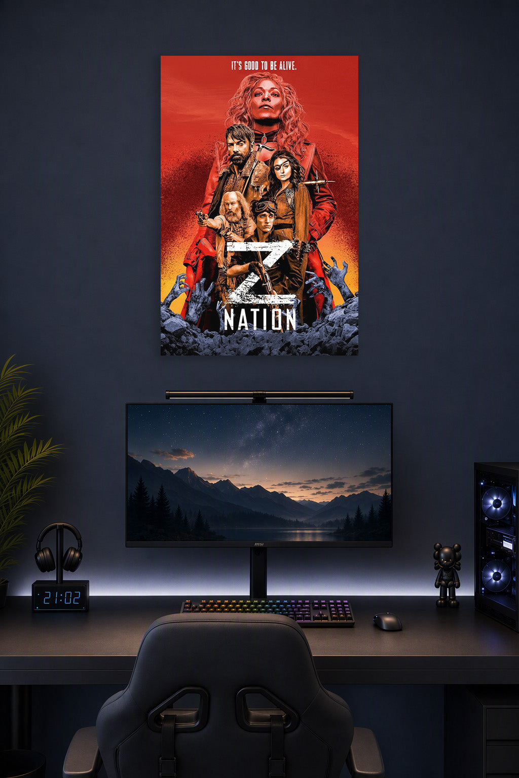 Poster Art B07NZL1JBC in a gaming desk setup above a monitor.