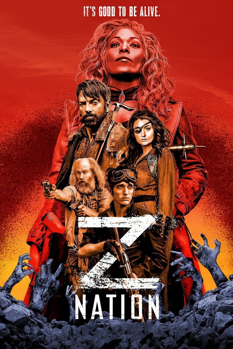 Z Nation poster wall art print with five illustrated survivors, a red-clad woman, blue reaching hands, and bold white title text.
