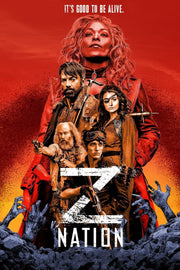 Z Nation poster wall art print with five illustrated survivors, a red-clad woman, blue reaching hands, and bold white title text.