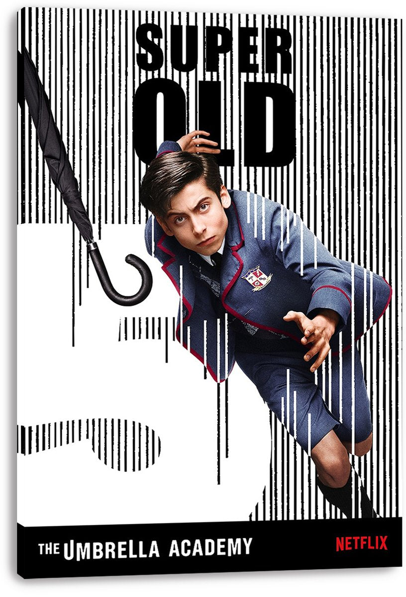 Super Old canvas wall art print with a uniformed young man reaching forward amid black barcode lines and bold title text.