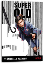 Super Old canvas wall art print with a uniformed young man reaching forward amid black barcode lines and bold title text.