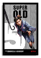 Super Old framed wall art print featuring a young man in a blue uniform, black umbrella, barcode pattern, and Netflix logo.