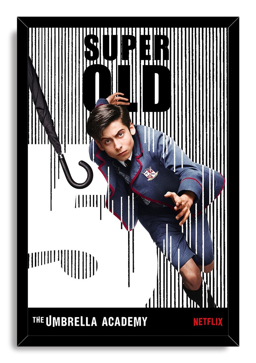 Super Old framed wall art print featuring a young man in a blue uniform, black umbrella, barcode pattern, and Netflix logo.