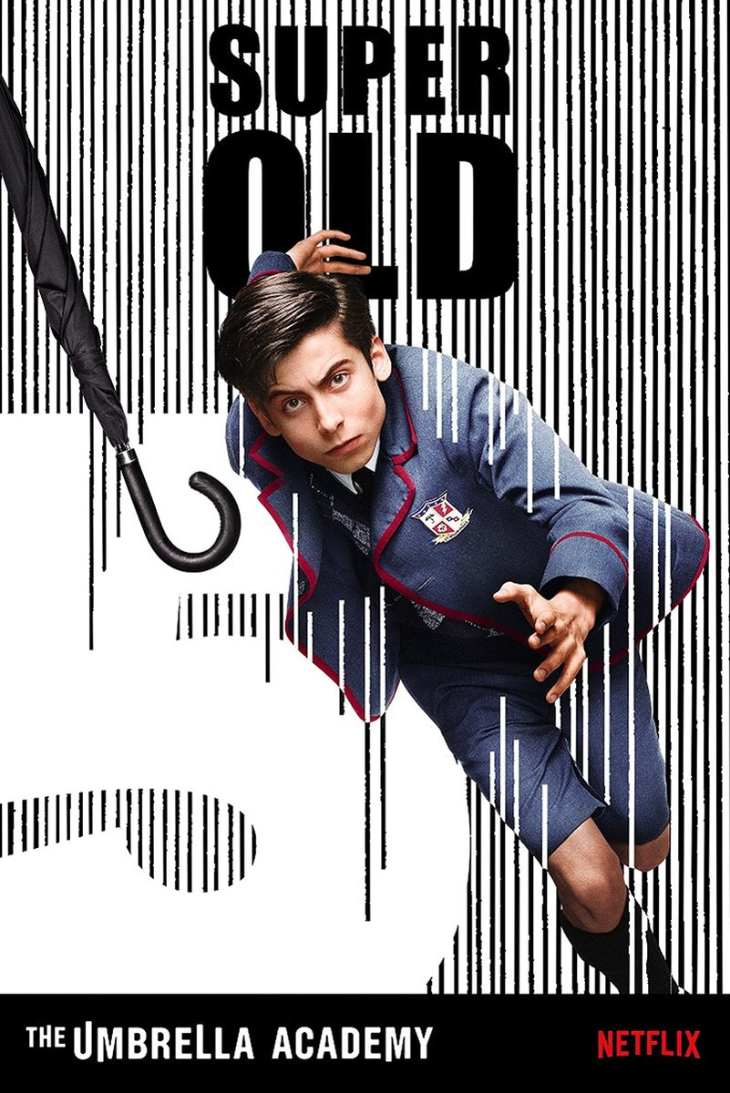 Super Old wall art print featuring a young man in a blue school uniform beside a black umbrella and barcode stripes.