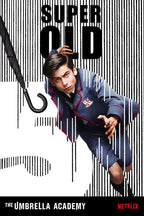 Super Old wall art print featuring a young man in a blue school uniform beside a black umbrella and barcode stripes.