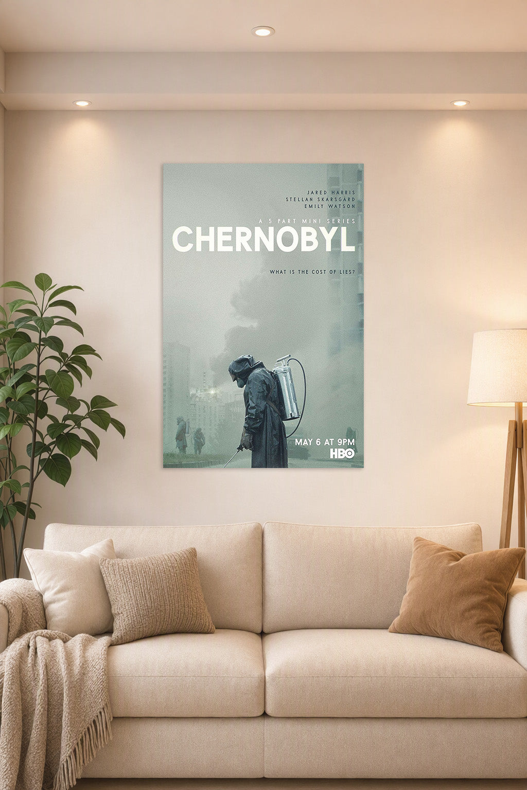 Poster Art B07R6NV7C4 in a bright living room above a beige sofa.