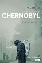 Chernobyl poster wall art print with a hooded worker carrying a metal sprayer in a smoky gray-green city scene.