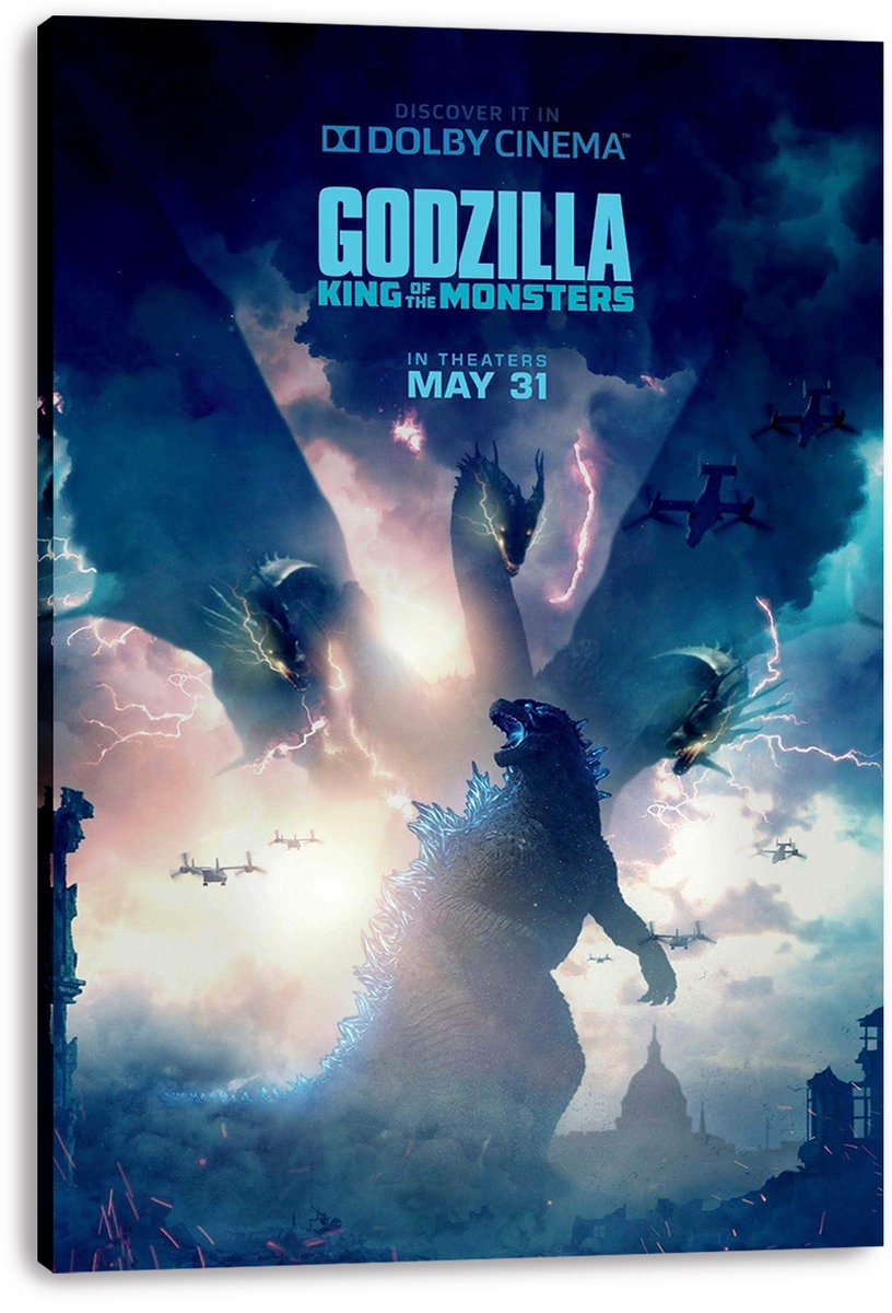 Godzilla: King of the Monsters canvas wall art print features Godzilla facing King Ghidorah in a stormy blue city sky.