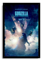 Godzilla: King of the Monsters framed wall art print shows Godzilla and King Ghidorah amid lightning, clouds, and military aircraft.