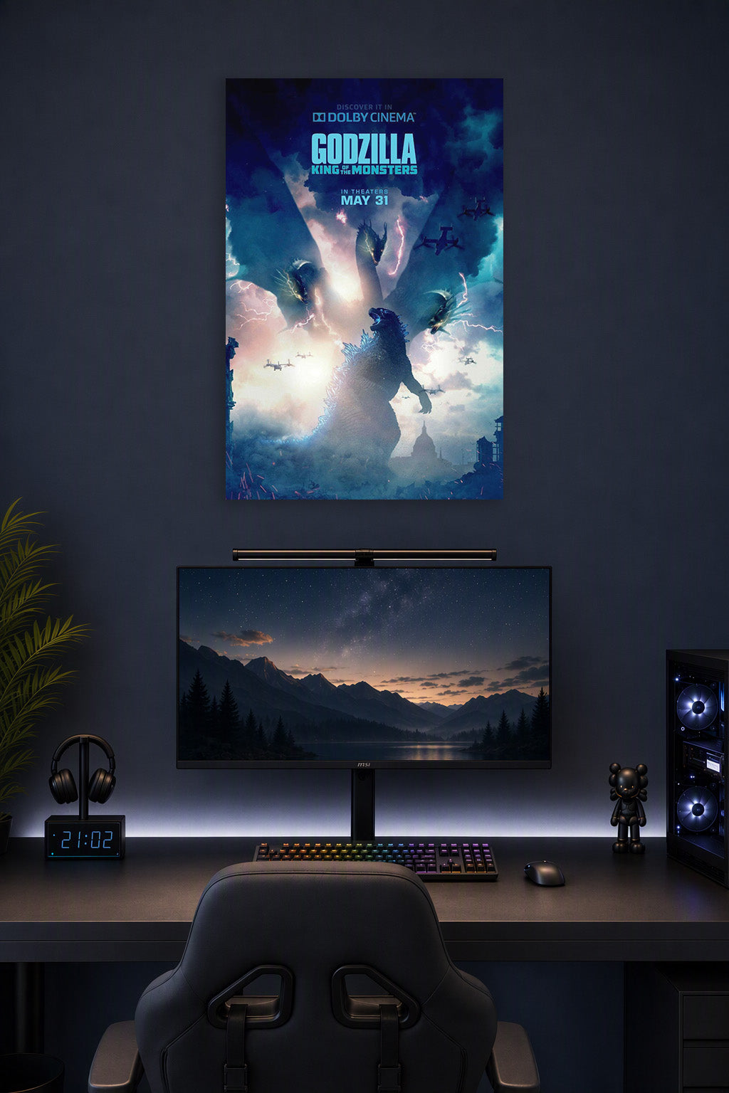 Poster Art B07S4LWDYS in a gaming desk setup above a monitor.