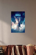 Poster Art B07S4LWDYS in a cozy movie room above a brown sofa with popcorn.