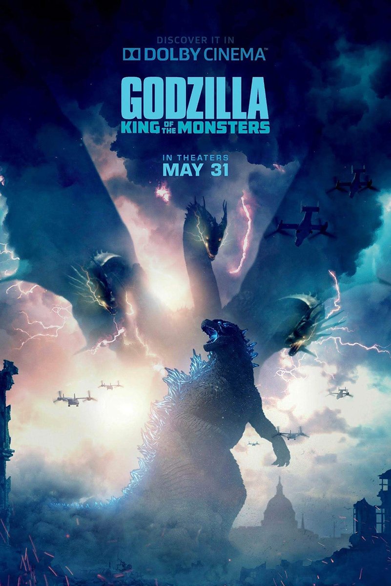 Godzilla: King of the Monsters poster depicts Godzilla roaring beneath three-headed King Ghidorah amid lightning and aircraft.