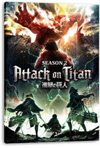 Attack on Titan Season 2 canvas wall art depicts scouts with maneuver gear confronting the Colossal Titan above shattered walls.