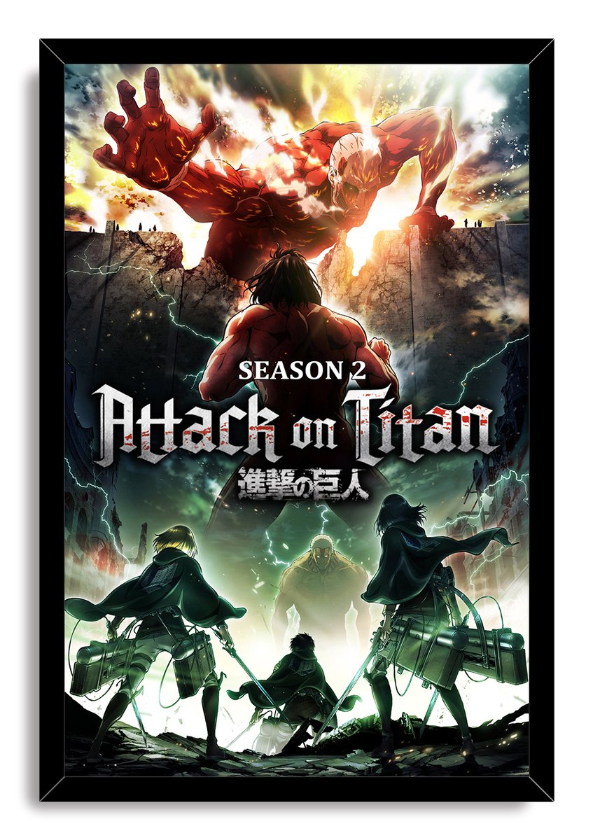 Framed Attack on Titan Season 2 wall art print features armed scouts, stormy green skies, and the towering Colossal Titan.