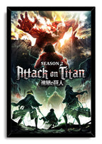 Framed Attack on Titan Season 2 wall art print features armed scouts, stormy green skies, and the towering Colossal Titan.