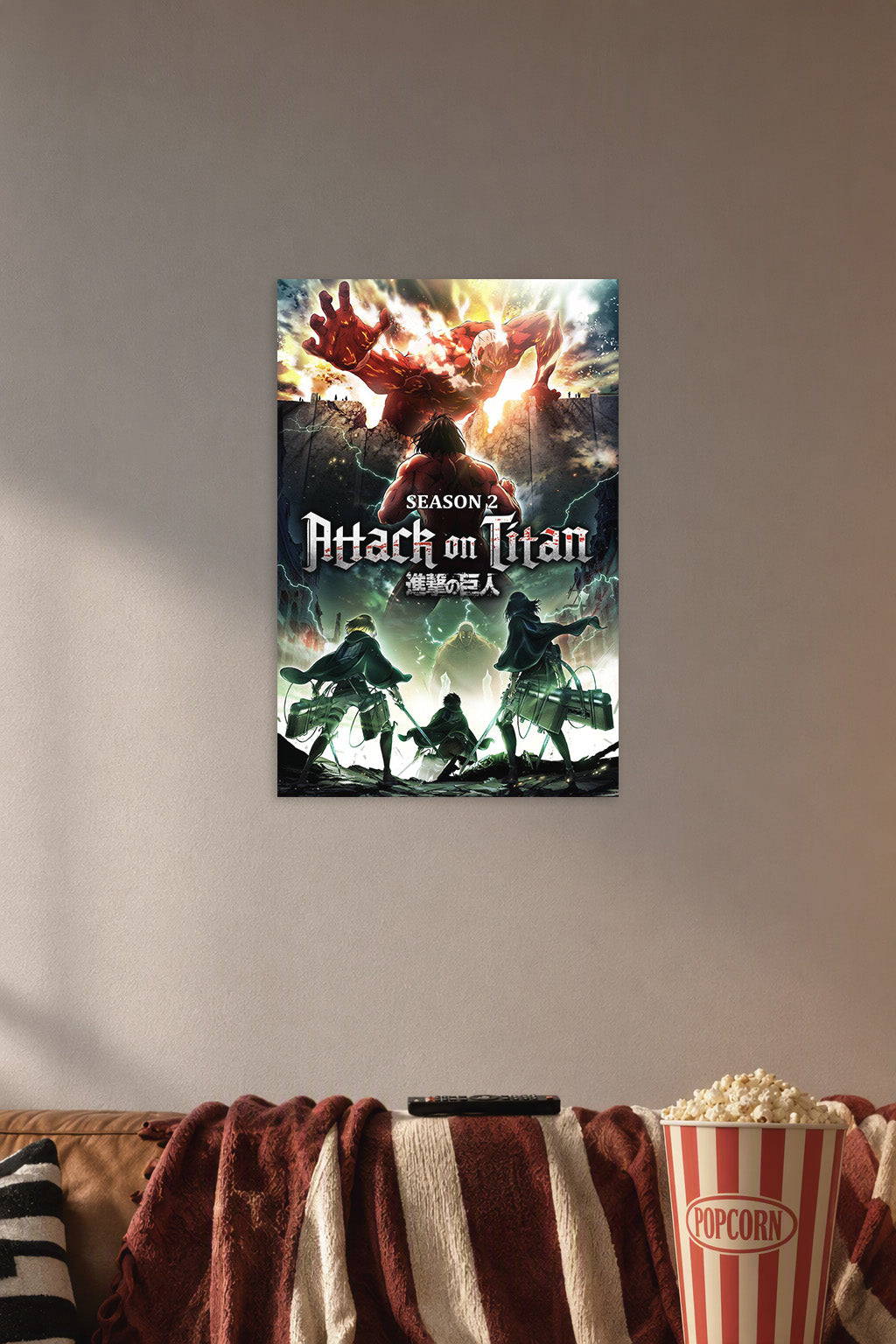 Poster Art B07SKMKW34 in a cozy movie room above a brown sofa with popcorn.