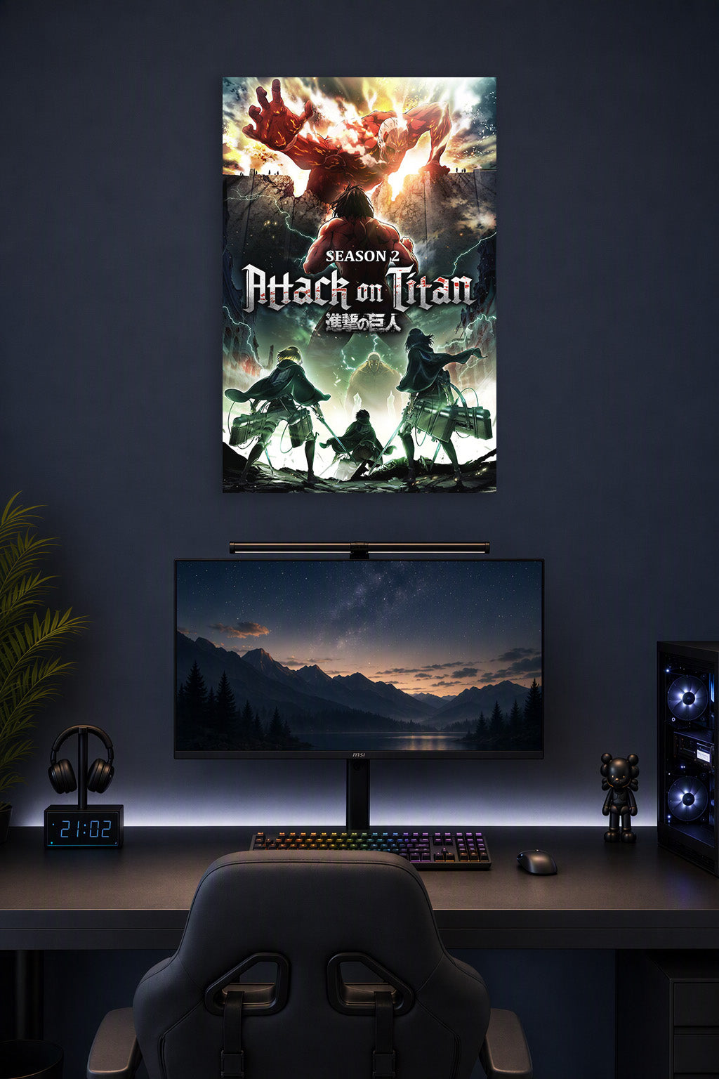 Poster Art B07SKMKW34 in a gaming desk setup above a monitor.