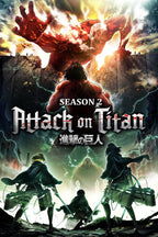 Attack on Titan Season 2 poster depicts the Colossal Titan looming over a wall as armed scouts face it amid lightning.