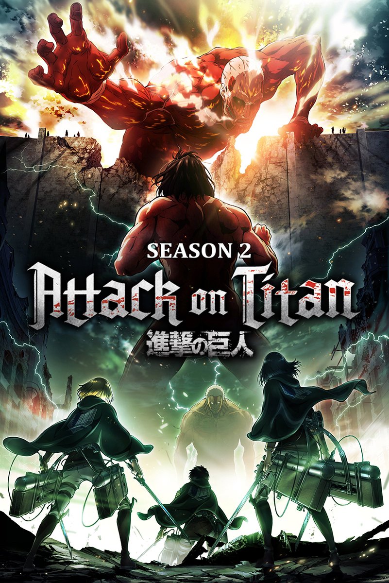 Attack on Titan Season 2 poster depicts the Colossal Titan looming over a wall as armed scouts face it amid lightning.