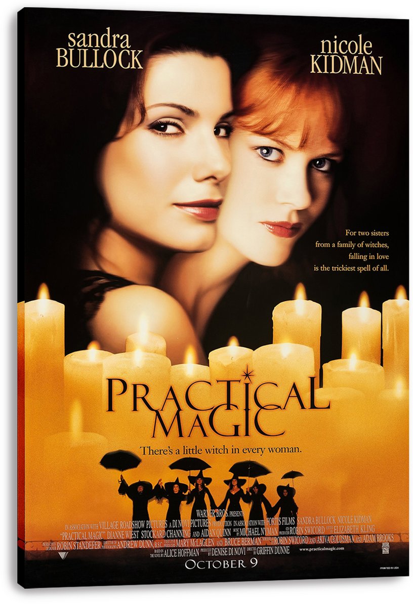 Practical Magic canvas wall art print displays Sandra Bullock and Nicole Kidman with golden candles, title lettering, and silhouetted women holding umbrellas.