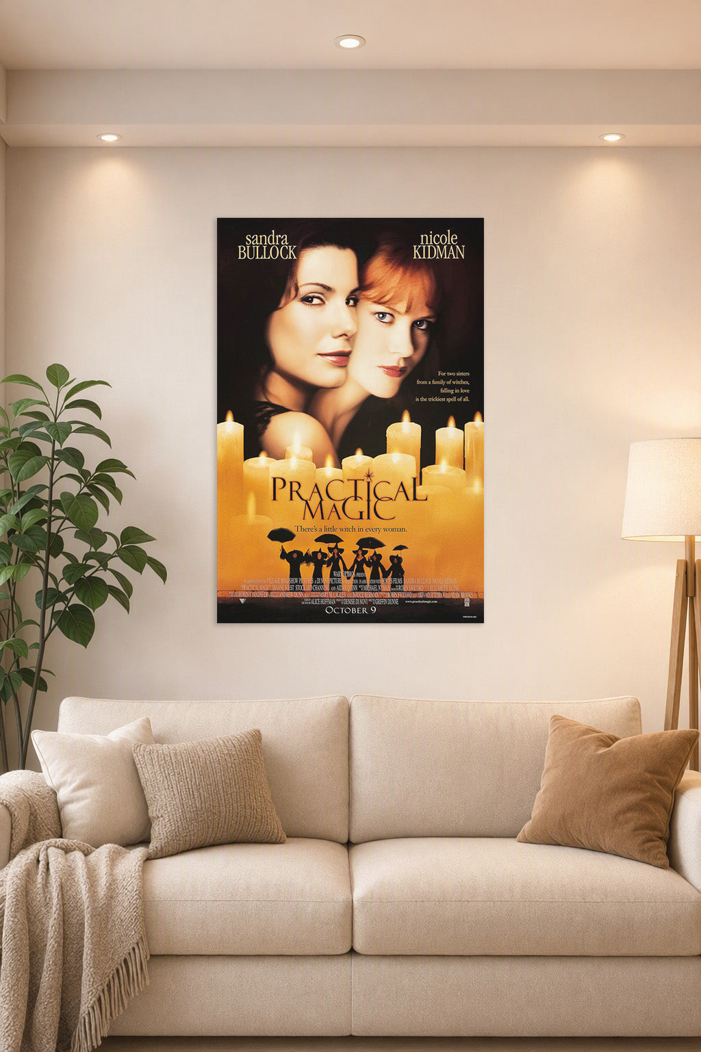 Practical Magic Movie Sandra Bullock Nicole Kidman in a bright living room above a beige sofa.