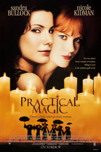 Practical Magic movie poster features close portraits of Sandra Bullock and Nicole Kidman above glowing candles and umbrella-carrying silhouettes.