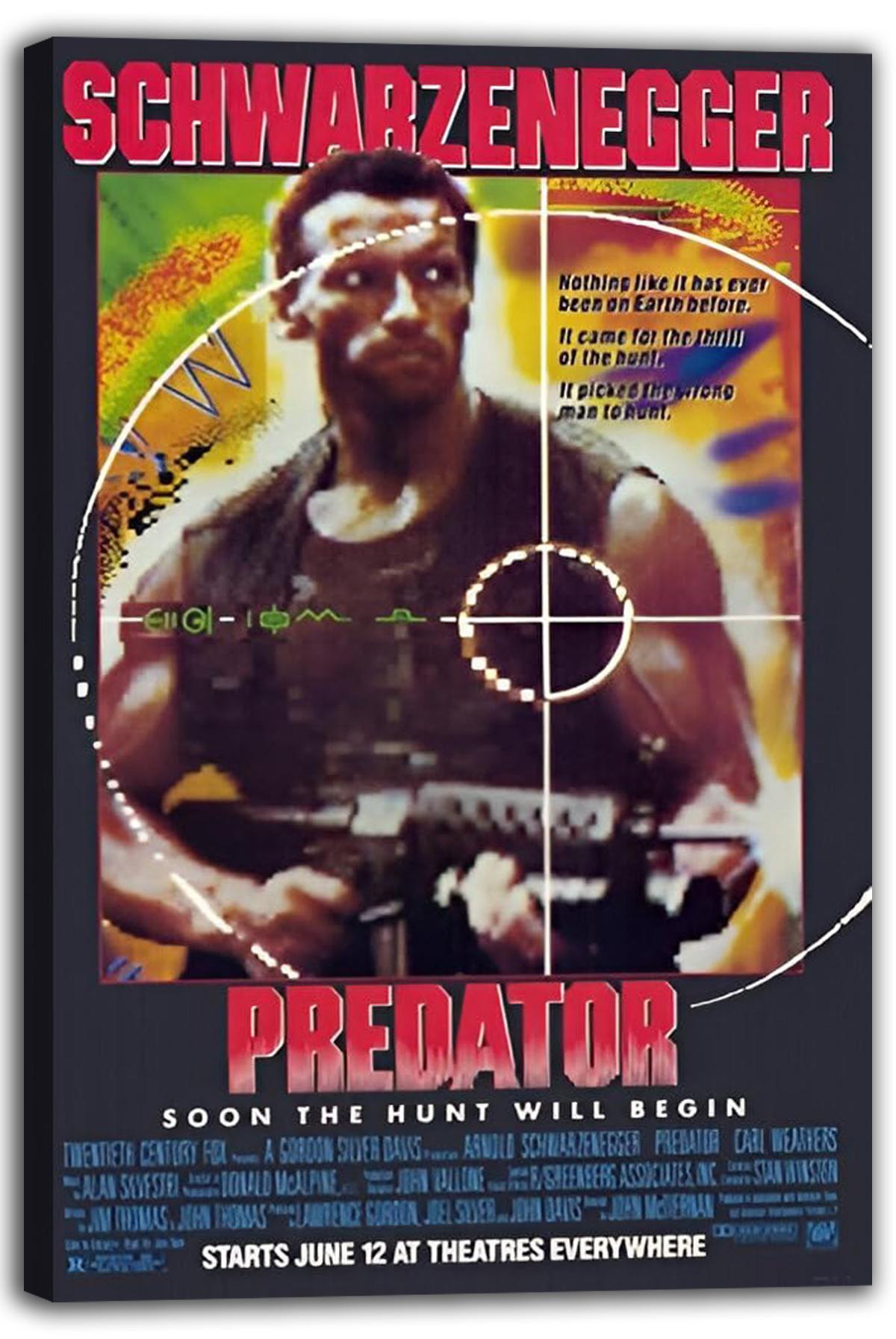 Predator canvas wall art print with a black gallery-wrapped edge, Schwarzenegger in tactical gear, rifle, and circular crosshair graphics.