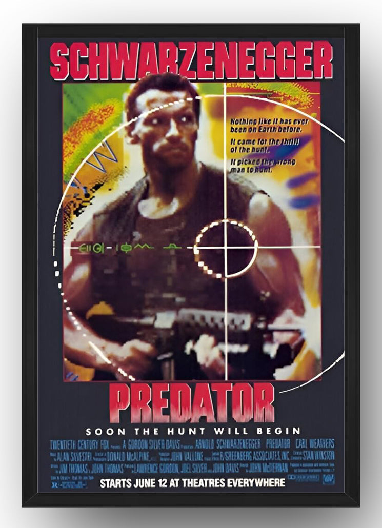 Predator framed wall art print featuring Schwarzenegger with a weapon beneath red title lettering and white scope overlay.