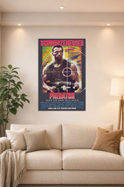 Predator (1987) Movie Poster in a bright living room above a beige sofa.