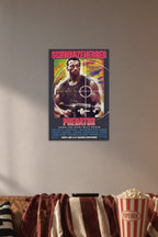 Predator (1987) Movie Poster in a cozy movie room above a brown sofa with popcorn.