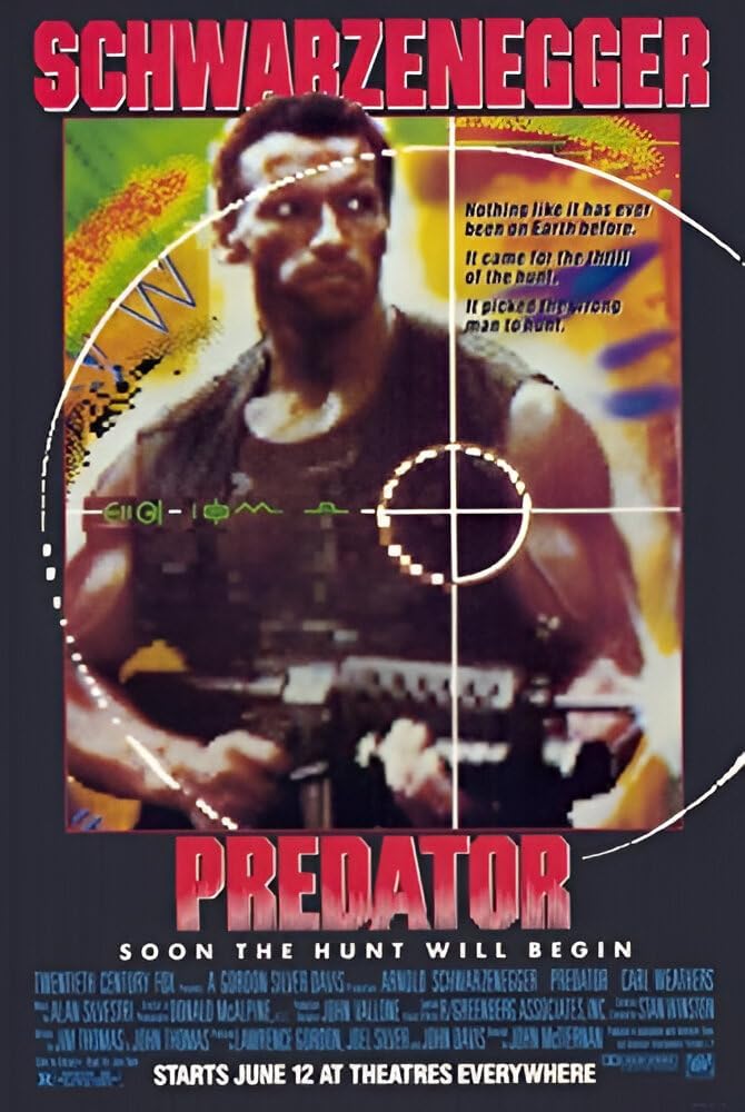 Predator movie poster wall art print featuring Arnold Schwarzenegger holding a rifle behind a white targeting reticle on a yellow-green field.