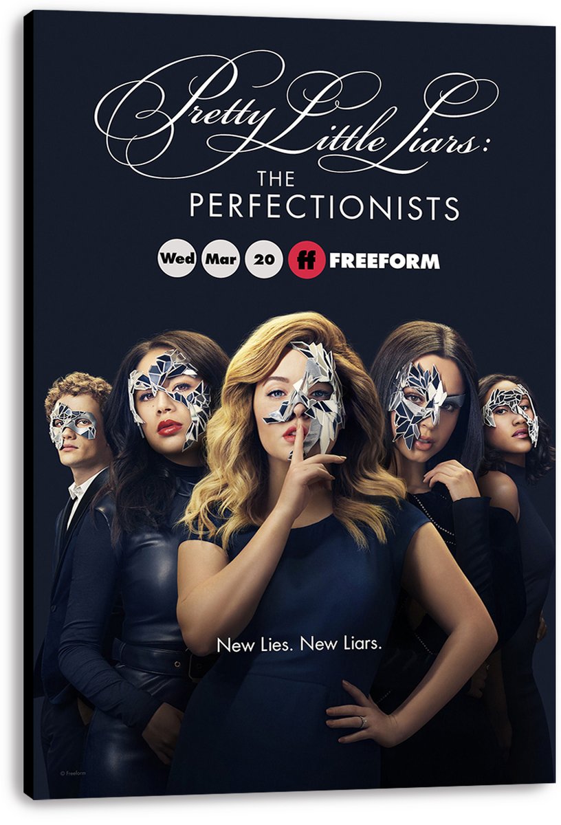 Pretty Little Liars: The Perfectionists canvas wall art print displays five masked characters against navy black, with title and Freeform text.