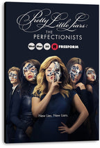 Pretty Little Liars: The Perfectionists canvas wall art print displays five masked characters against navy black, with title and Freeform text.