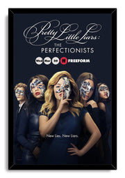 Pretty Little Liars: The Perfectionists framed wall art print depicts five cast members with shattered silver face masks and the slogan New Lies. New Liars.