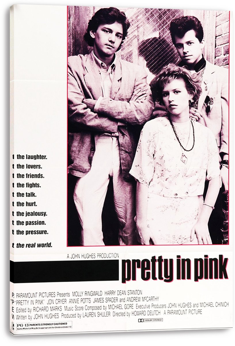 Pretty in Pink canvas wall art print featuring a pink monochrome trio portrait, bold side taglines, and title text.
