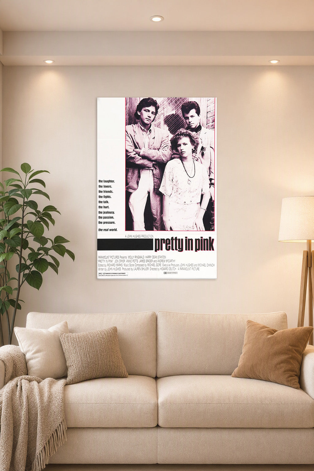 Pretty in Pink Movie in a bright living room above a beige sofa.
