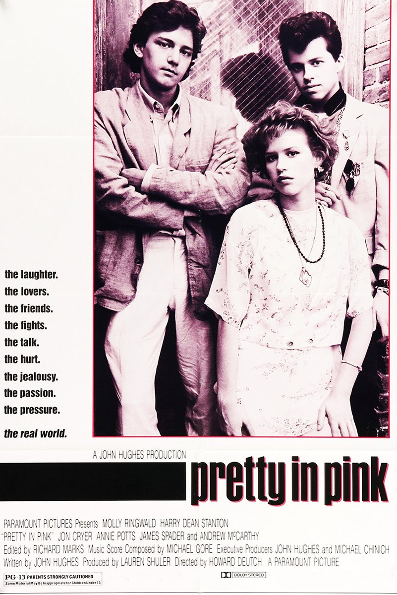 Pretty in Pink movie poster with three young adults in a pink-toned portrait, taglines at left, and title below.
