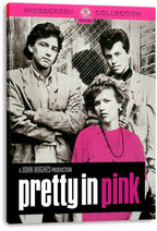 Pretty in Pink canvas wall art print displays three monochrome character portraits with pink accents and bold title lettering.