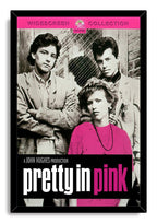 Pretty in Pink framed wall art print presents three black-and-white character portraits, a pink shirt, and oversized title text.