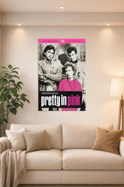 Pretty in Pink Movie Poster in a bright living room above a beige sofa.
