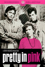 Pretty in Pink movie poster features three black-and-white character portraits, a vivid pink top, and bold title text.