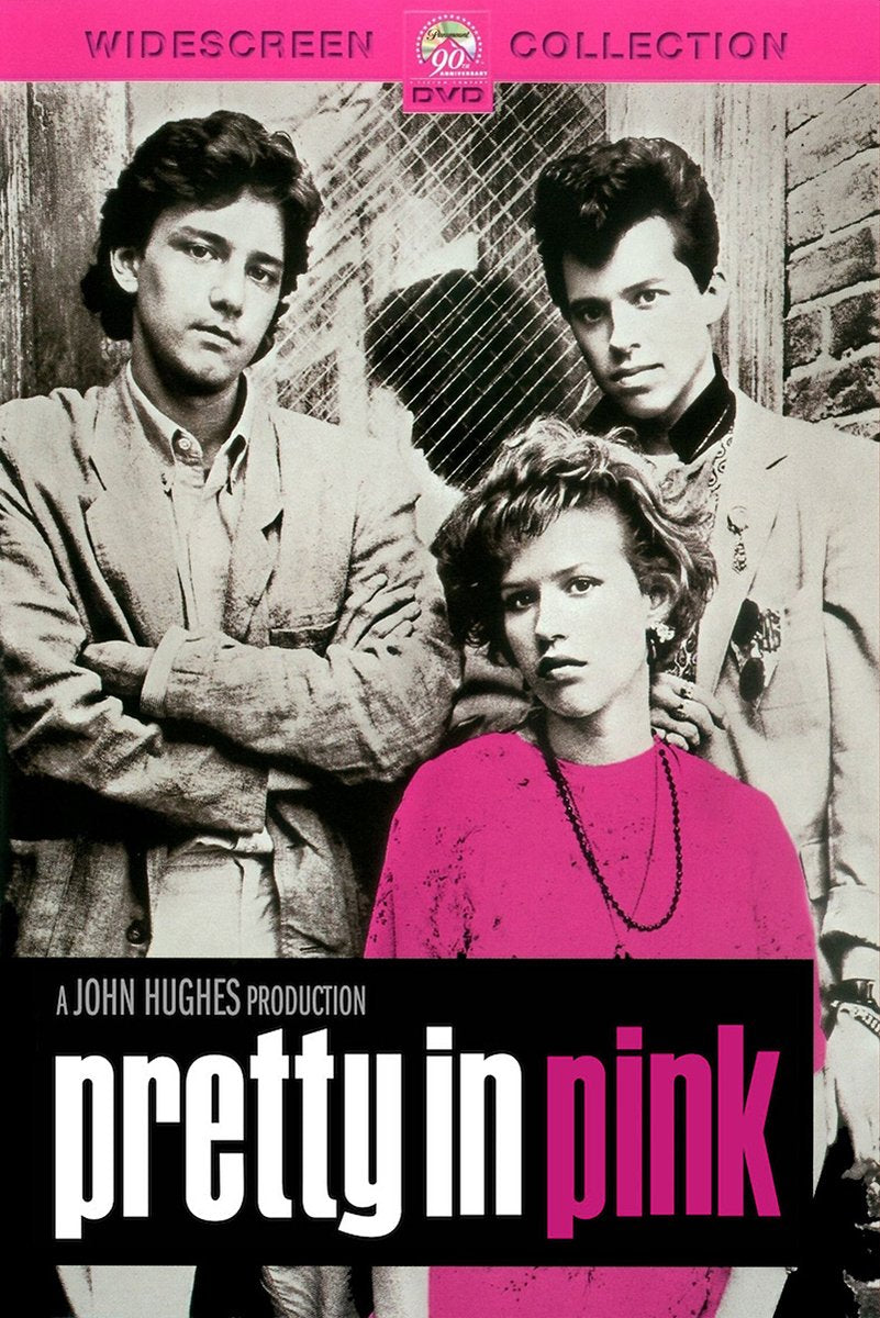 Pretty in Pink movie poster features three black-and-white character portraits, a vivid pink top, and bold title text.