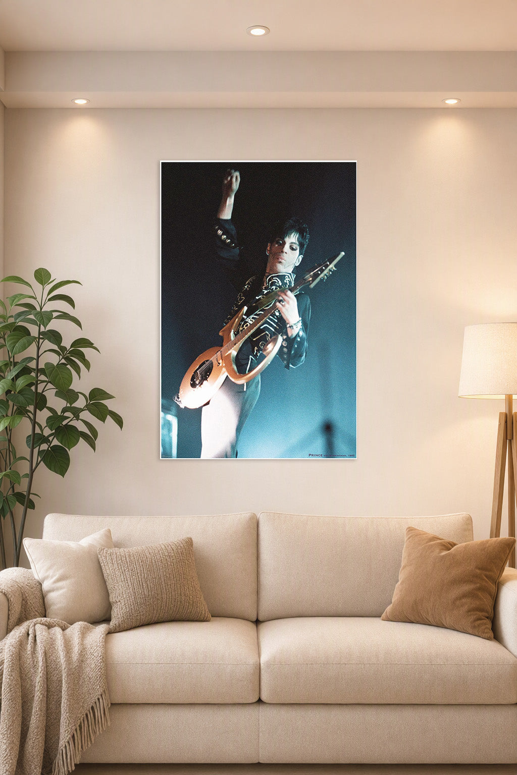 Prince-Birmingham 1995 Music in a bright living room above a beige sofa.