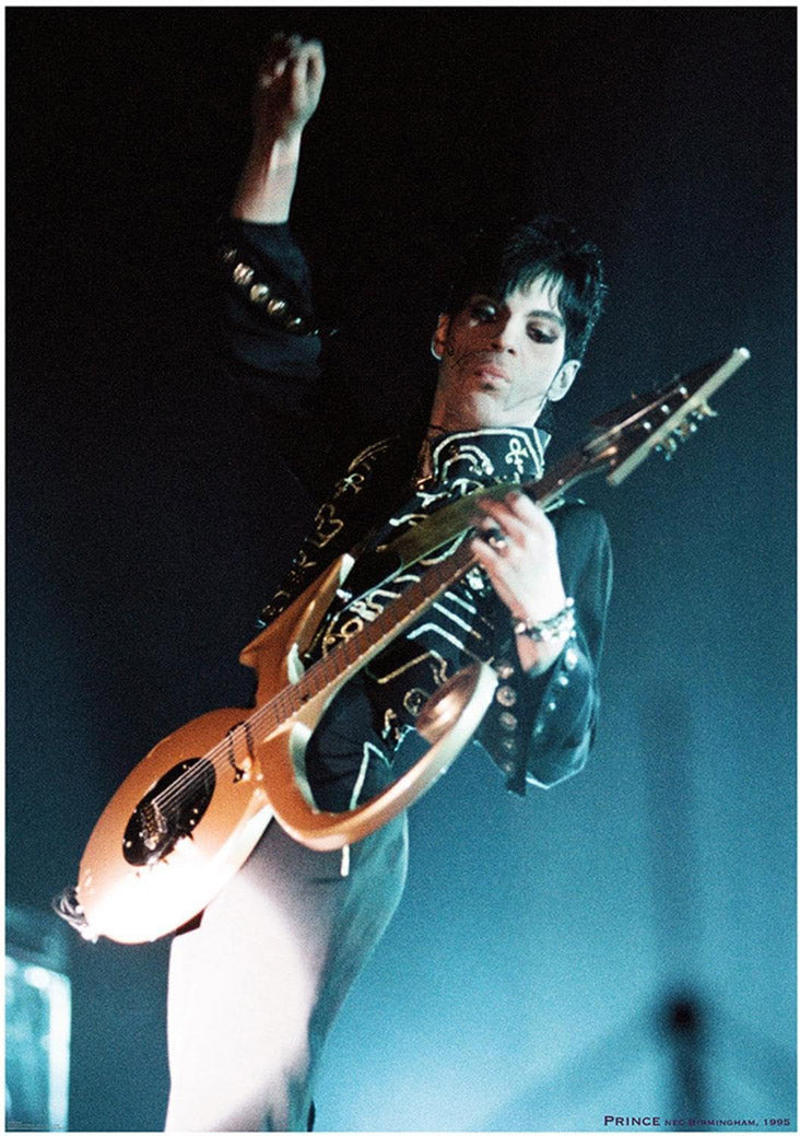Prince poster featuring the musician onstage with one fist raised, playing a gold guitar under blue light.