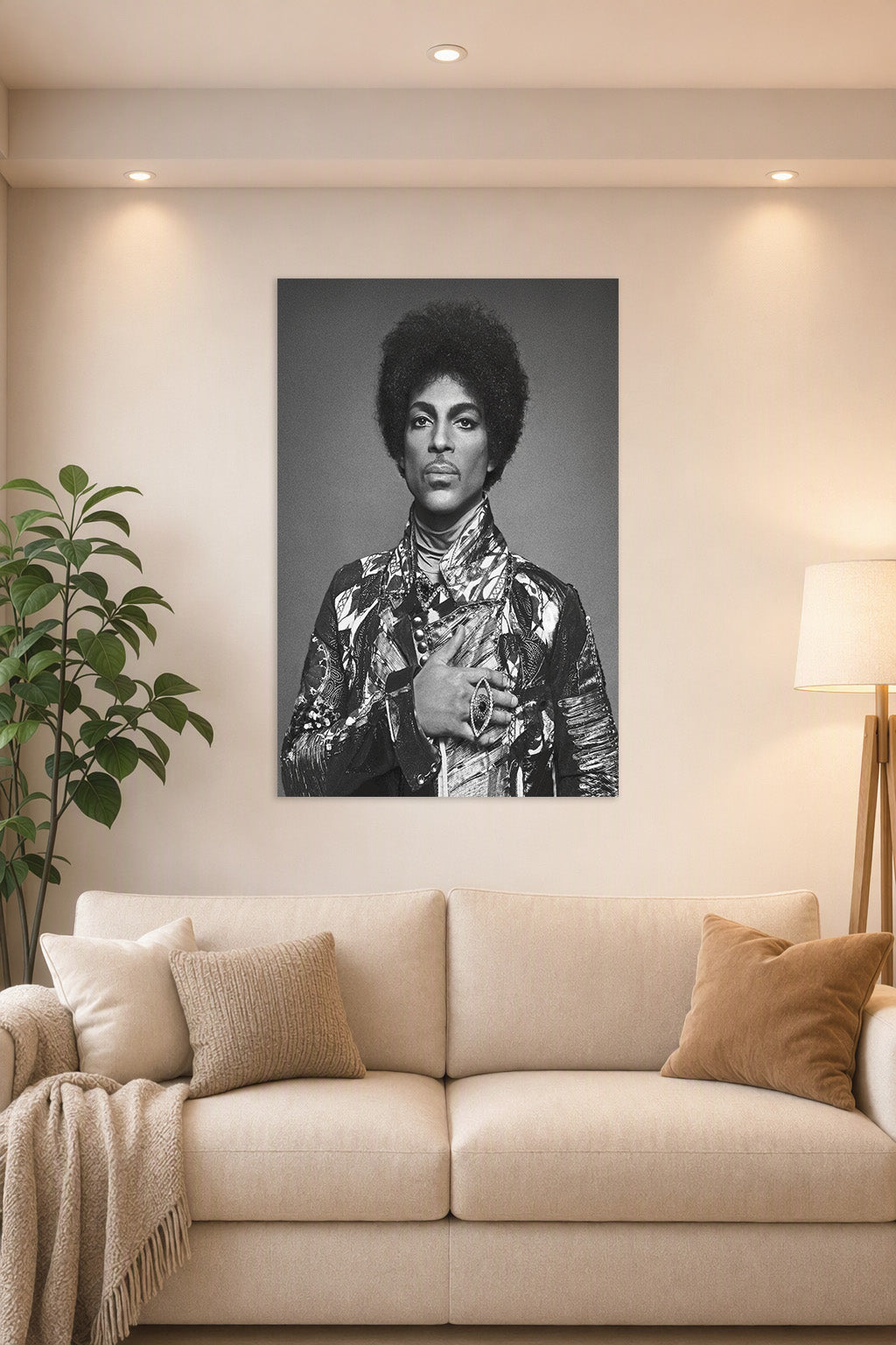 Prince in a bright living room above a beige sofa.