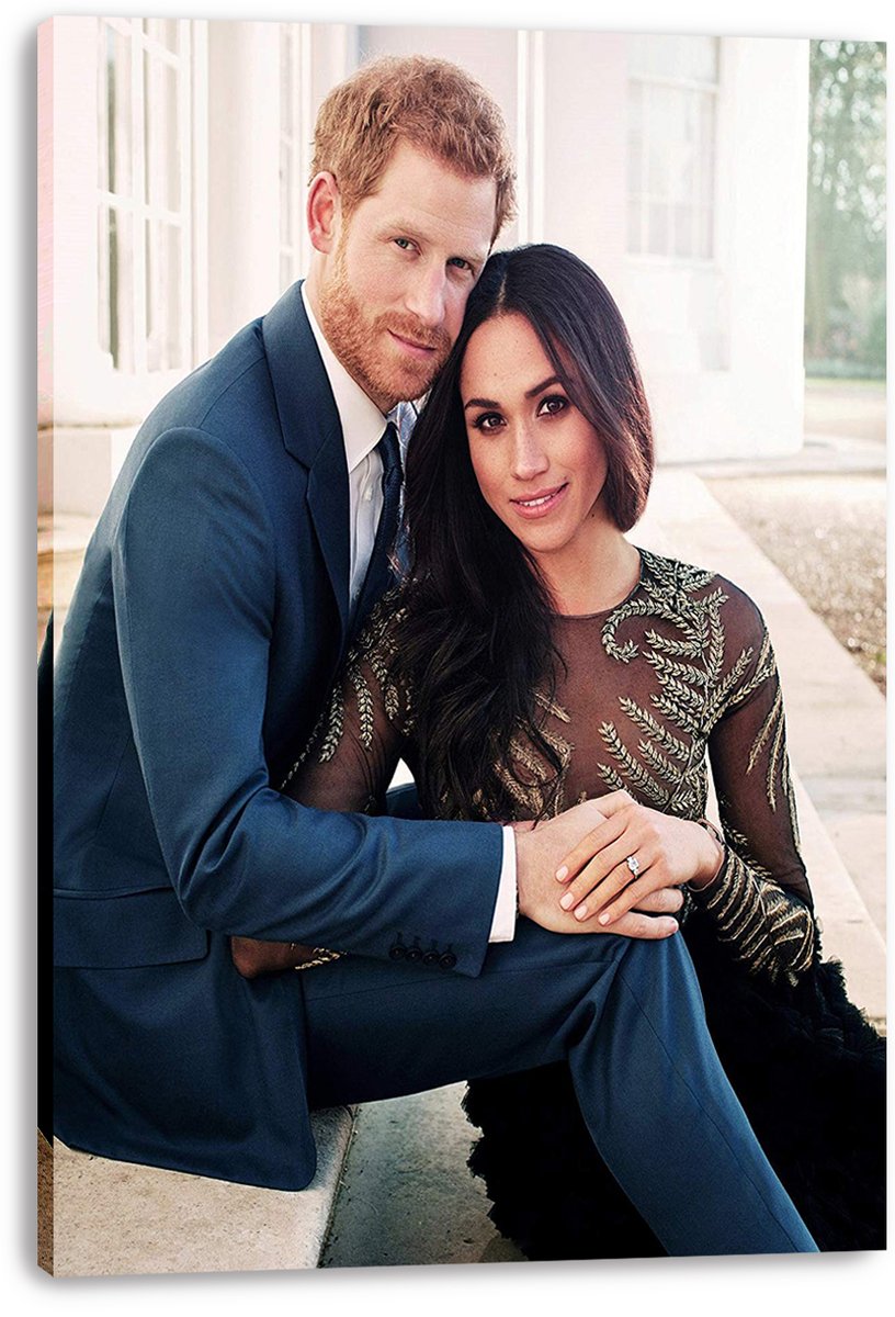 Prince Harry and Meghan Markle canvas wall art print features the couple seated together, with his arm around her and her ring visible.